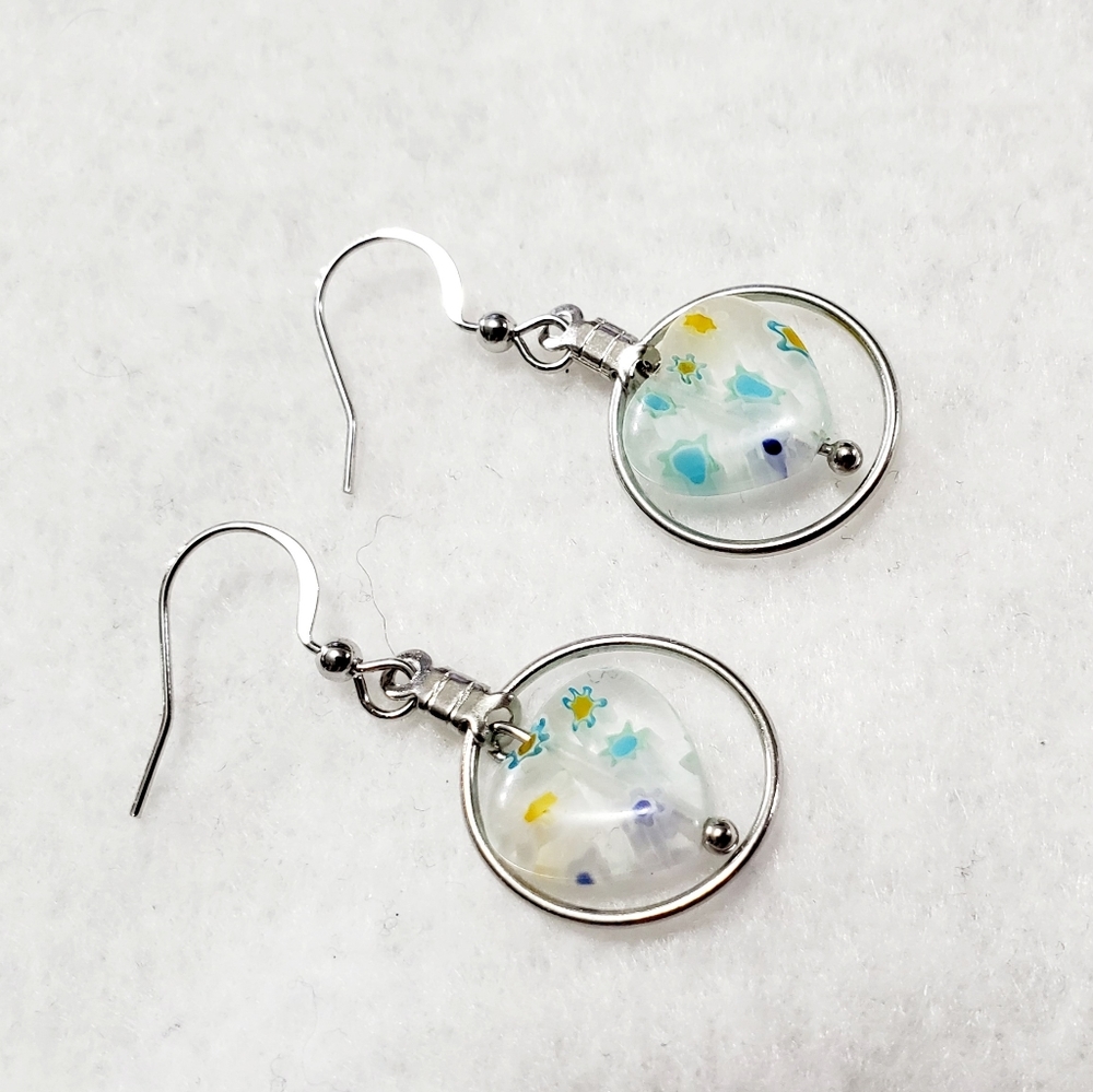 Blue and Yellow Lampwork Heart Hoop Earrings Silver Tone Nickel Free 37mm New